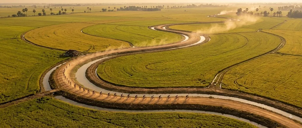 Aerial view of a winding irrigation canal through green rice fields