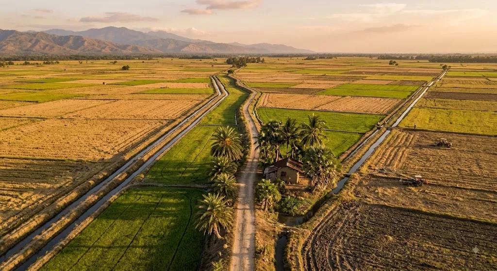 Aerial view of straight farm roads lined with palms across the granary