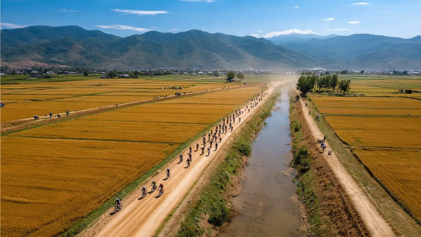 Aerial view of a gravel race peloton riding a dirt dike beside an irrigation canal through golden rice fields in Nueva Ecija