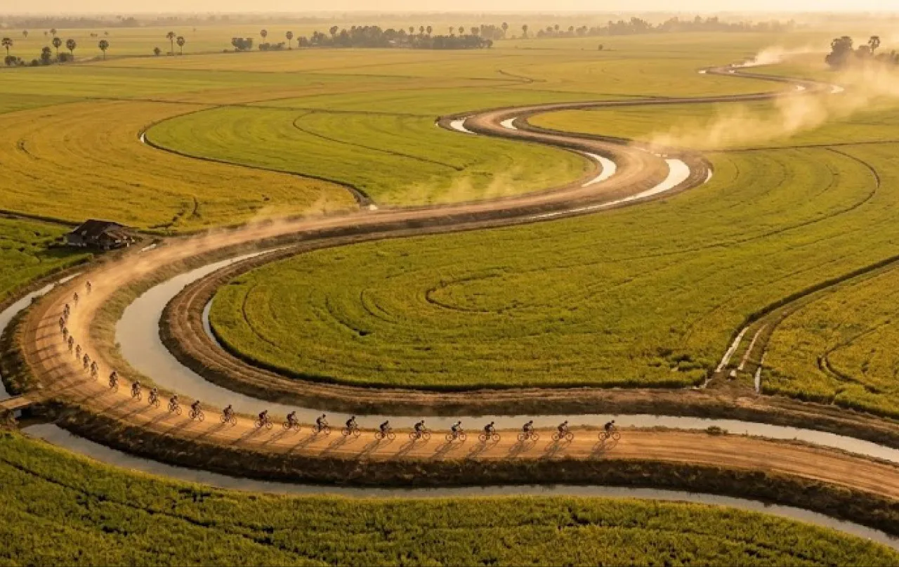 A line of gravel riders on a dirt dike winding between green rice fields in Nueva Ecija