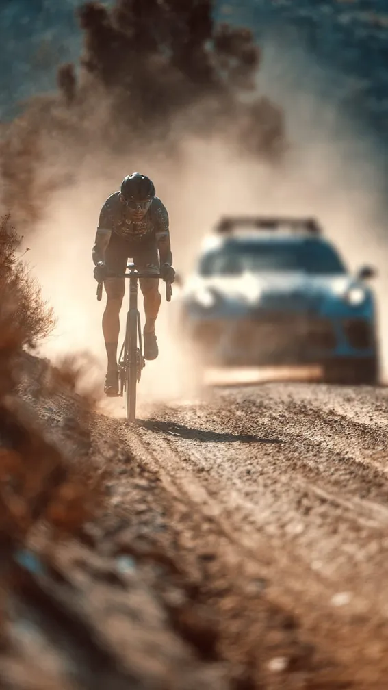 Gravel racer riding out of a cloud of dust on a dirt road, a rally car close behind