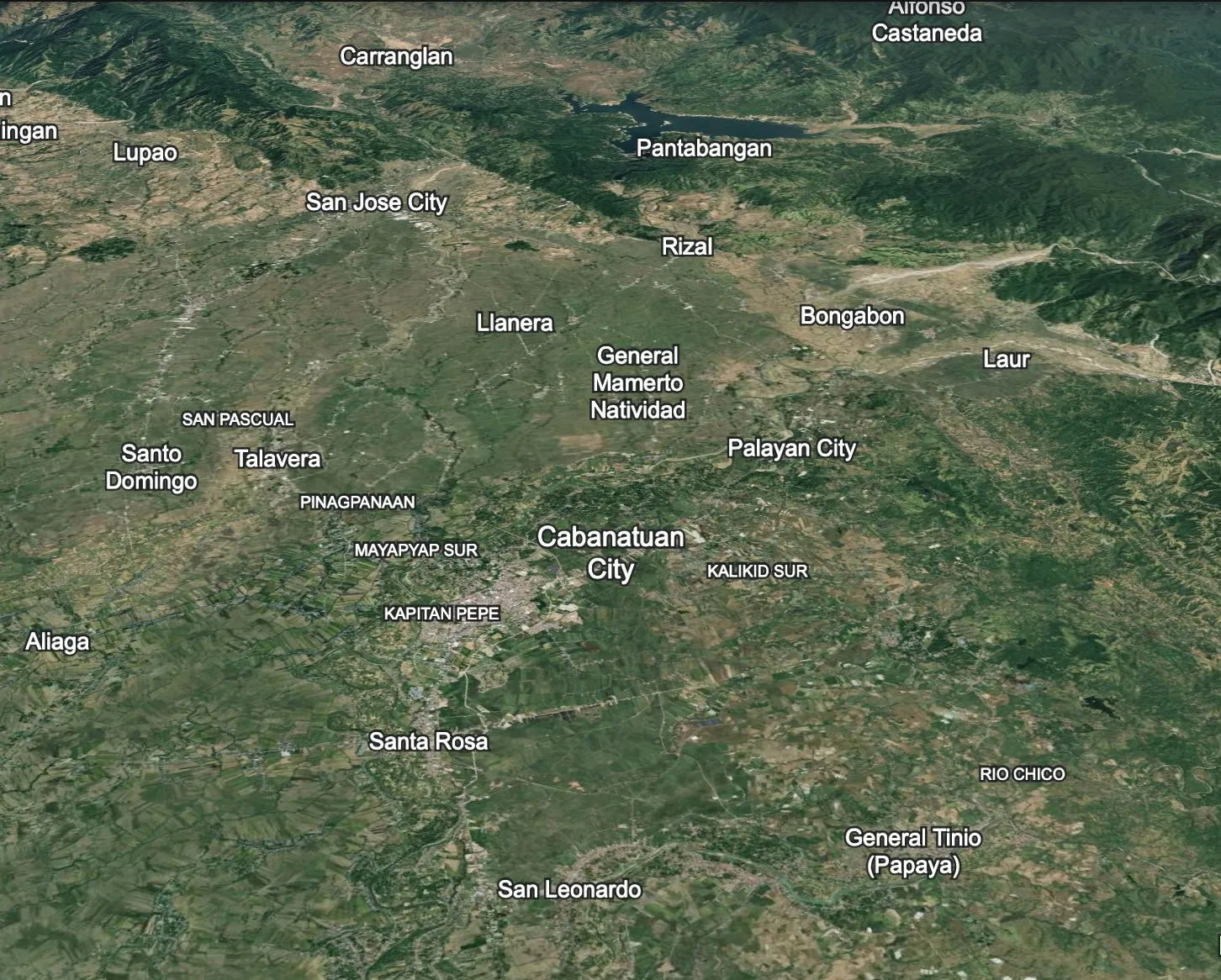 Satellite map of central Nueva Ecija: Cabanatuan City, Talavera, Palayan City, Llanera, General Mamerto Natividad and Santa Rosa