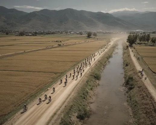 Aerial view of riders on a dusty gravel road between dry rice fields