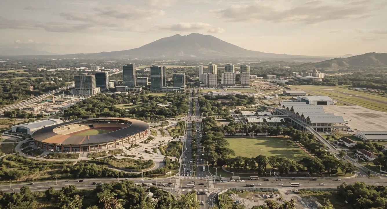 Aerial view of Clark with its stadium and Mount Arayat behind